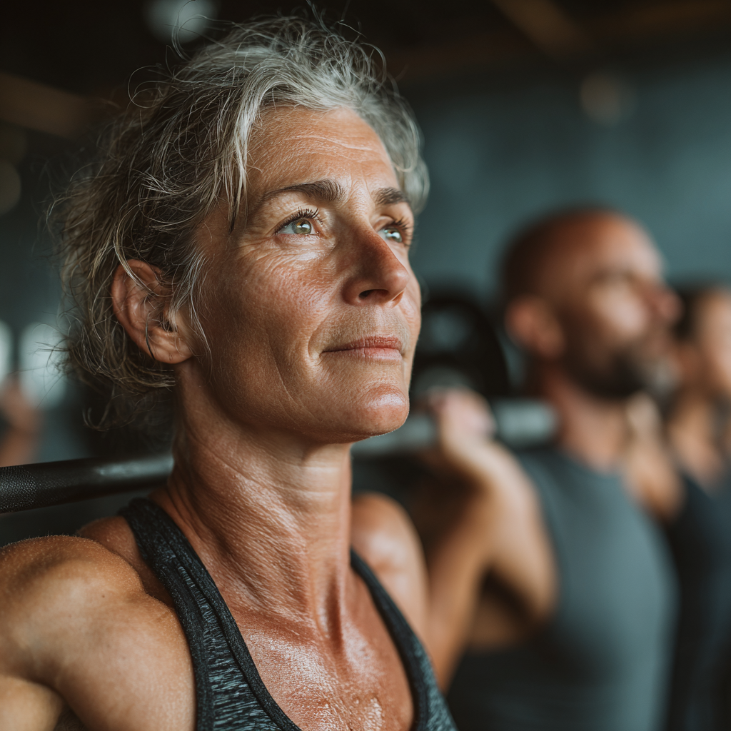 Жінка 58 років займається кросфітом з іншими учасниками групи