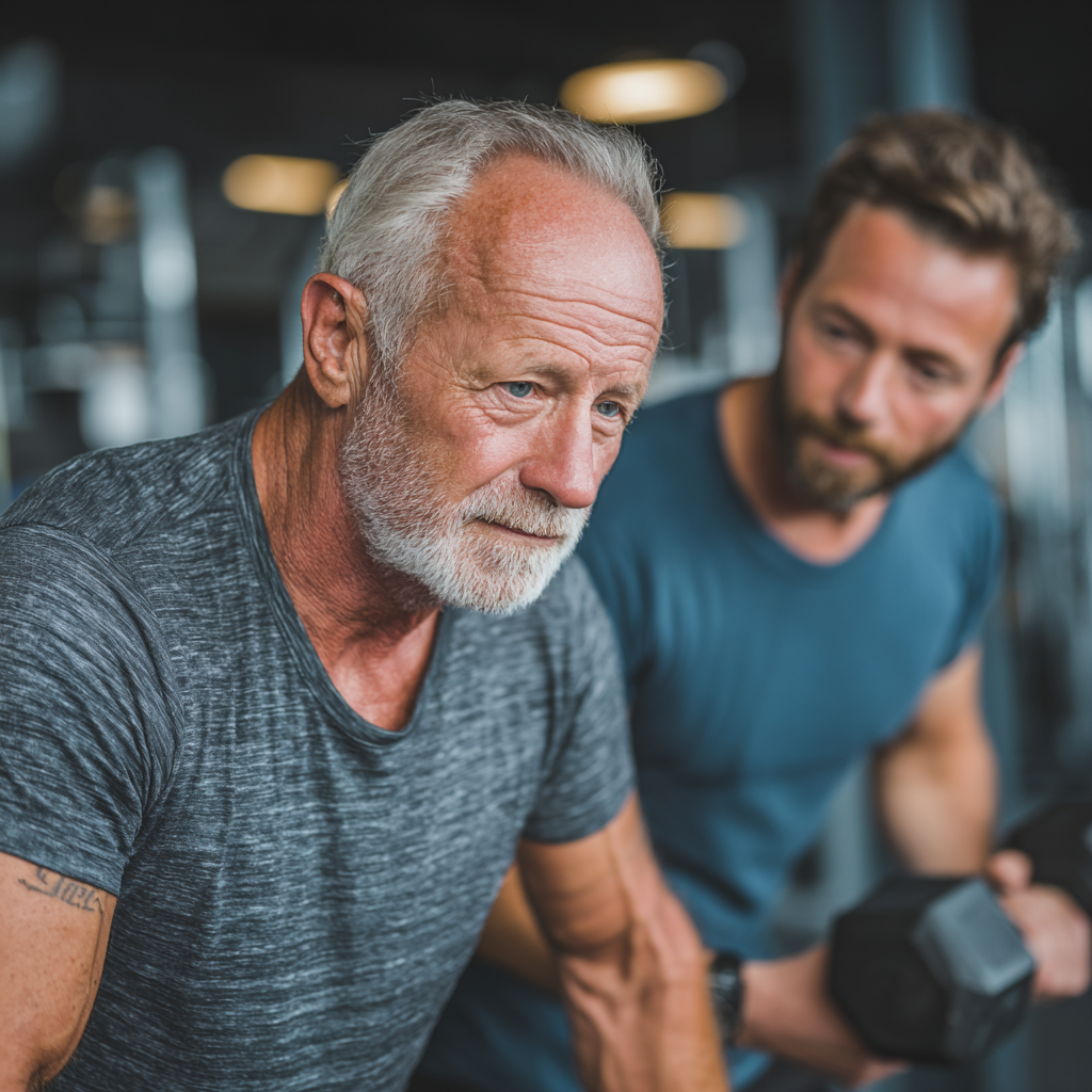 Чоловік 60 років проводить пробне тренування з персональним тренером в сучасному фітнес-залі