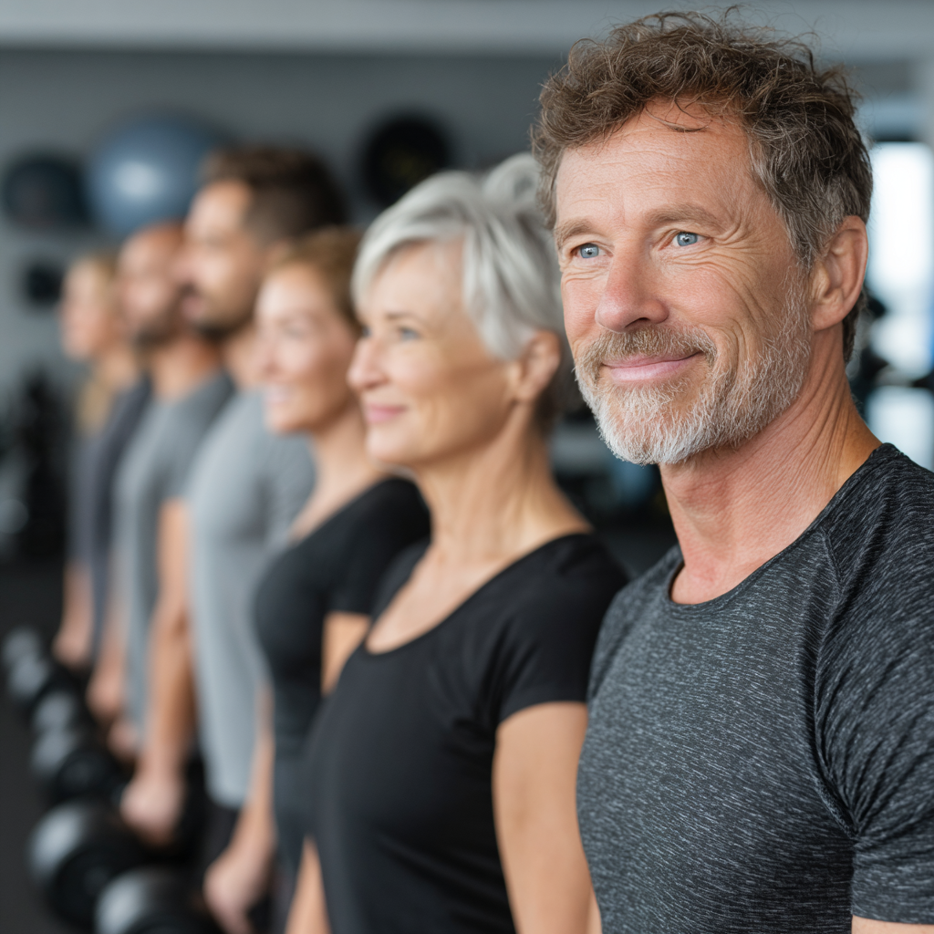 Група людей віком 50-60 років займається функціональним фітнесом разом з тренером